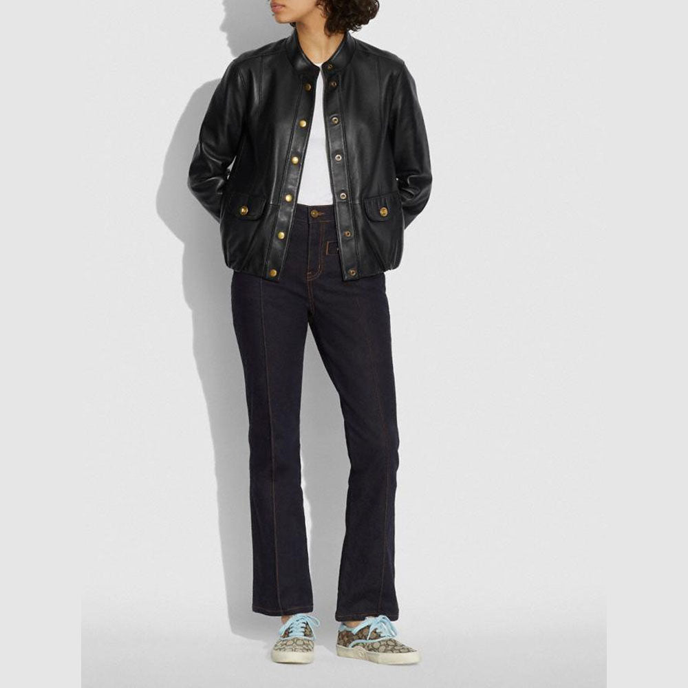 Women's Black Biker Aviator Sheepskin Shearling Leather Jacket