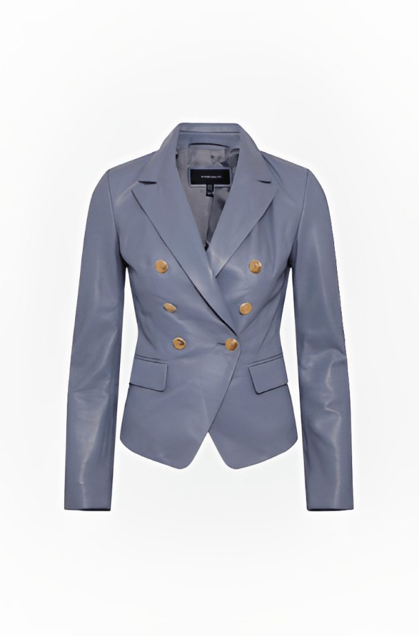 Women's Stone Blue Leather Blazer with Golden Buttons