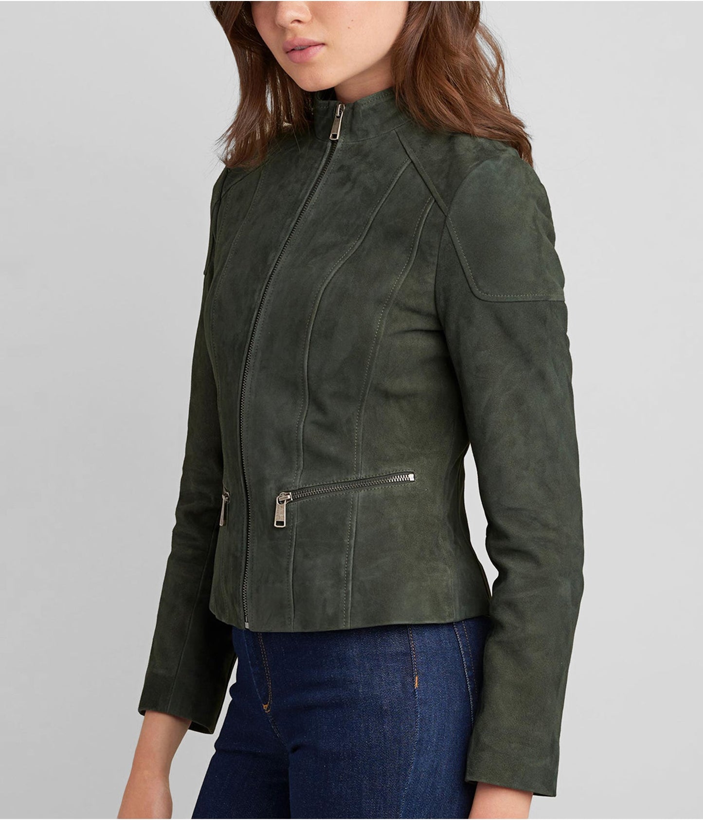 Women’s Suede Leather Biker Jacket in Olive