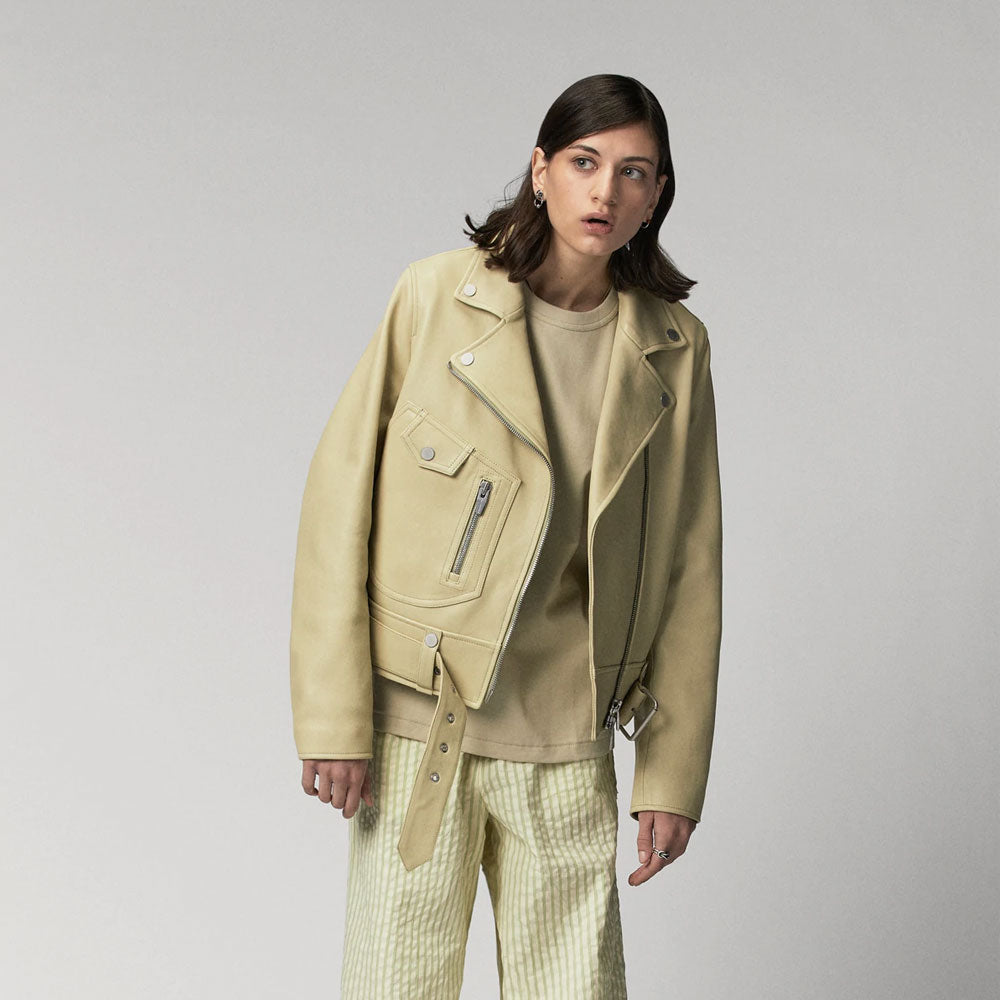 Women's Yellow Cowhide Leather Motorcycle Biker Jacket