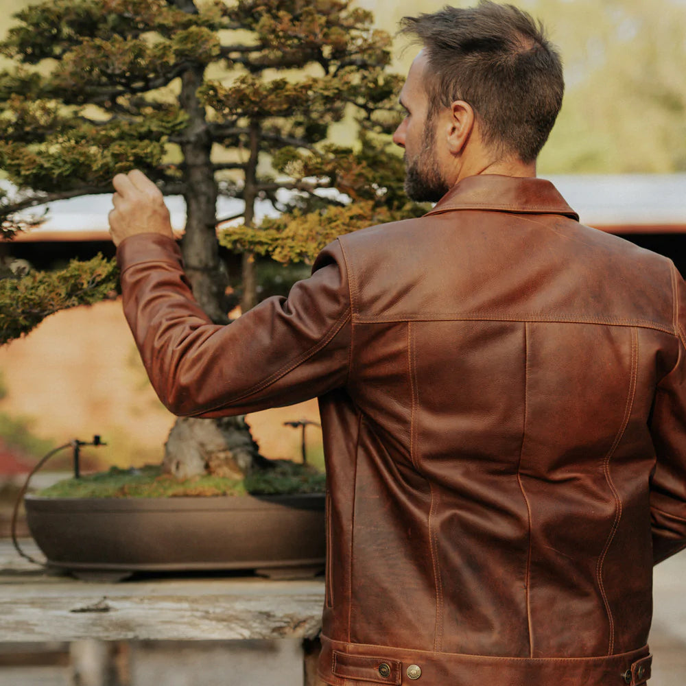 Men’s Goatskin Plain Brown Trucker Leather Jacket by Avanzar