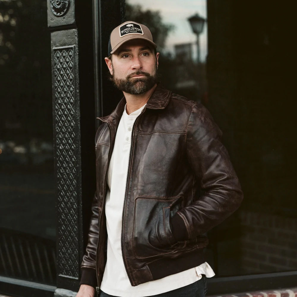 Men's Vintage Lambskin A2 Brown Leather Bomber Jacket - Classic & Timeless