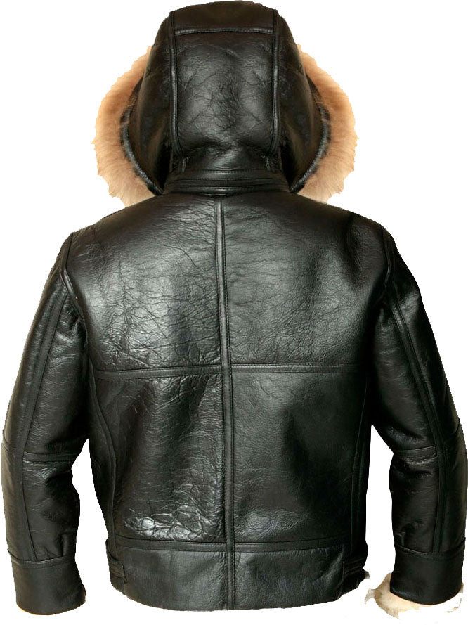 Men's Hooded Flight Bomber Leather Jacket with Fur by Avanzar