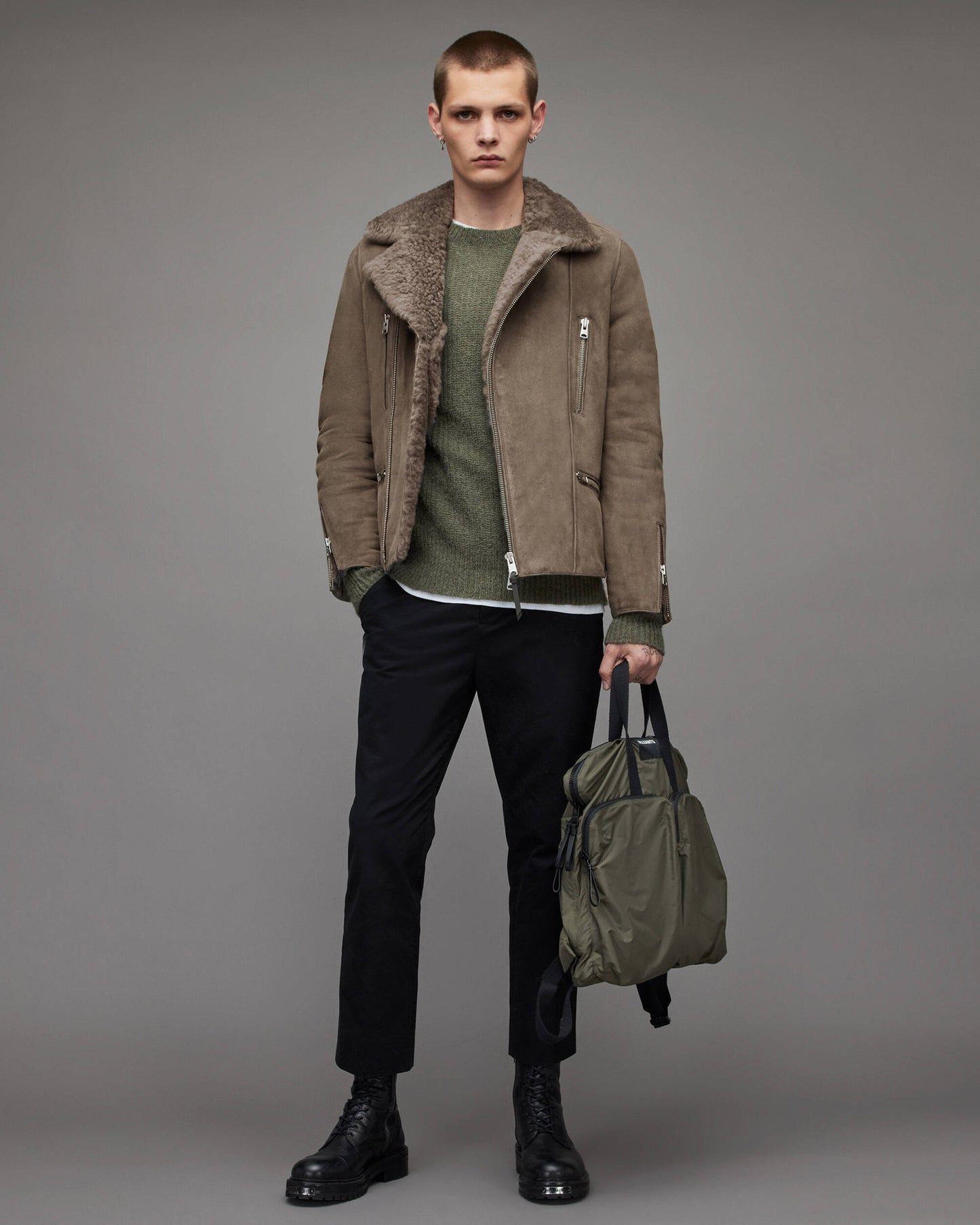 Men's Beige Gray Leather Shearling Biker Jacket - Rugged & Warm