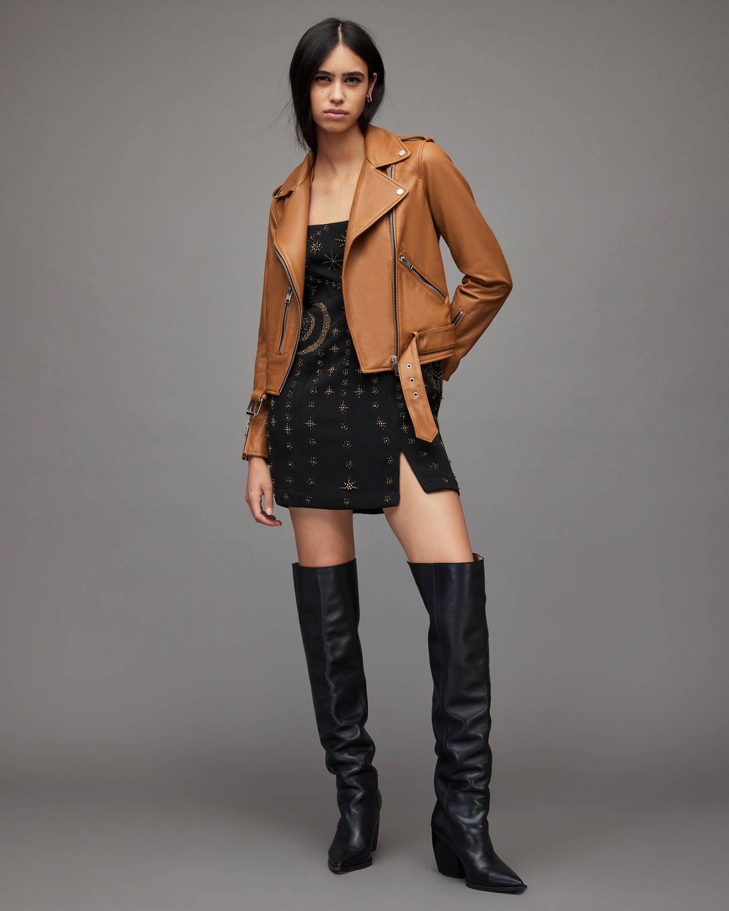 Women's Tan Brown Leather Biker Jacket