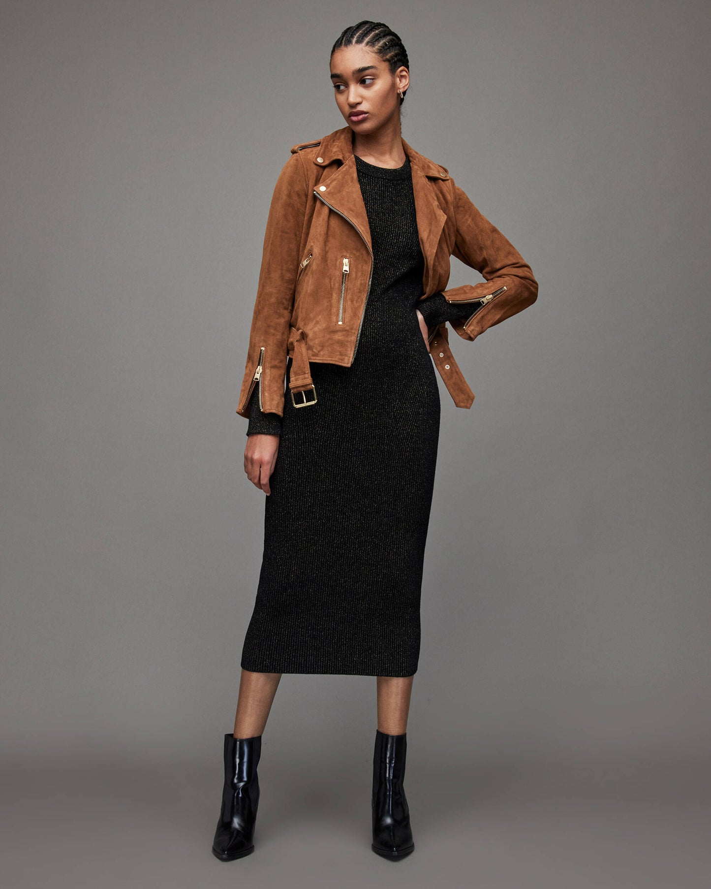 Women's Tan Brown Suede Leather Biker Jacket with Belt – Chic & Versatile