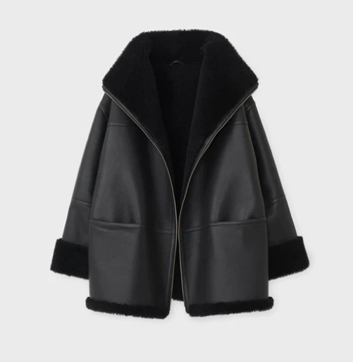 Women's Oversized Black Sheepskin Bomber Leather Jacket