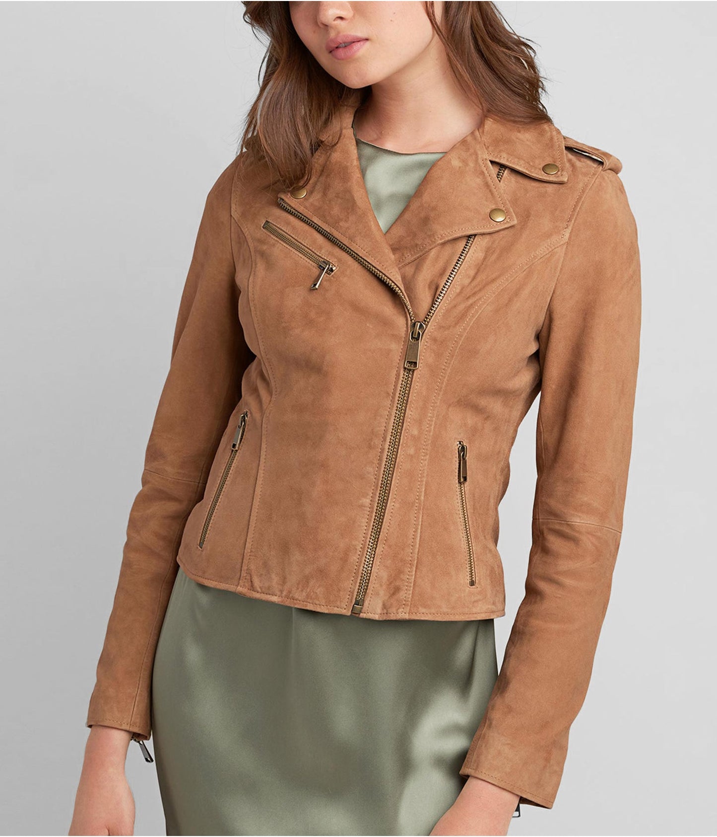 Women’s Suede Leather Moto Jacket in Tan Brown