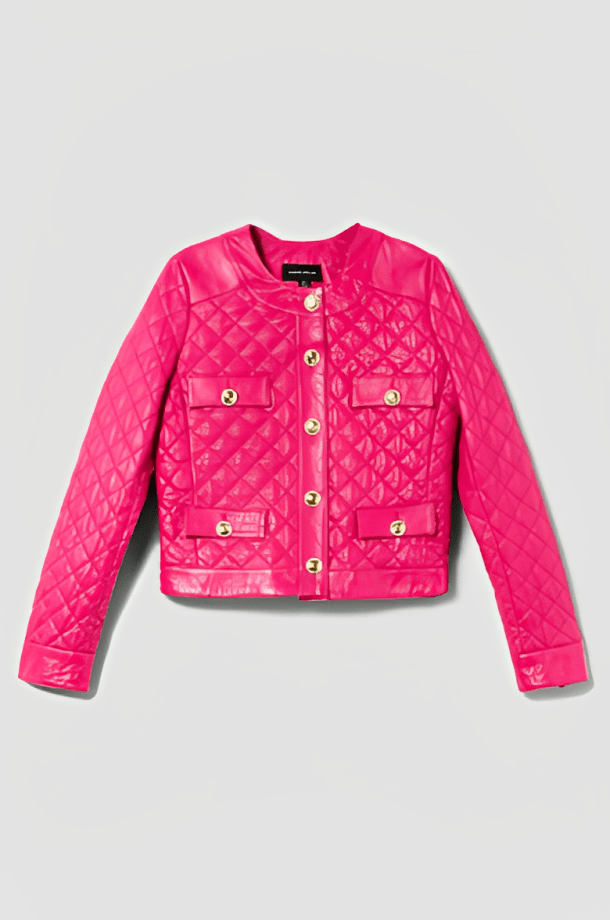 Women's Quilted Leather Trucker Jacket in Pink