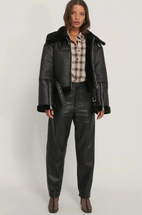 Women's Black Sheepskin Fur Bomber Leather Jacket