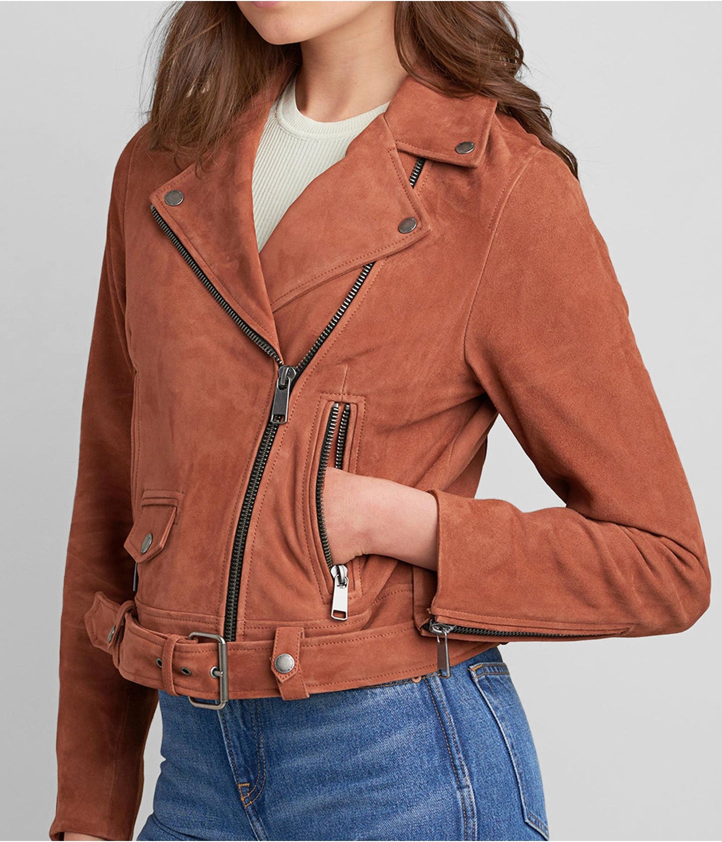 Women's Tan Brown Suede Leather Biker Jacket – Classic & Refined