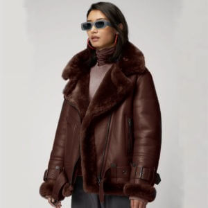 Women's Brown Aviator Styled Sheepskin Shearling Leather Jacket
