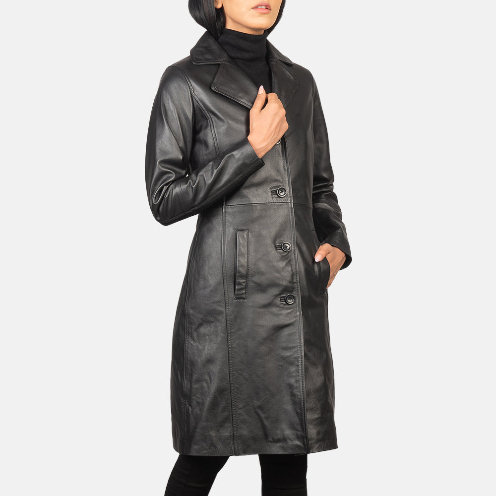 Alexis Black Single-Breasted Leather Coat Sophisticated & Timeless Elegance