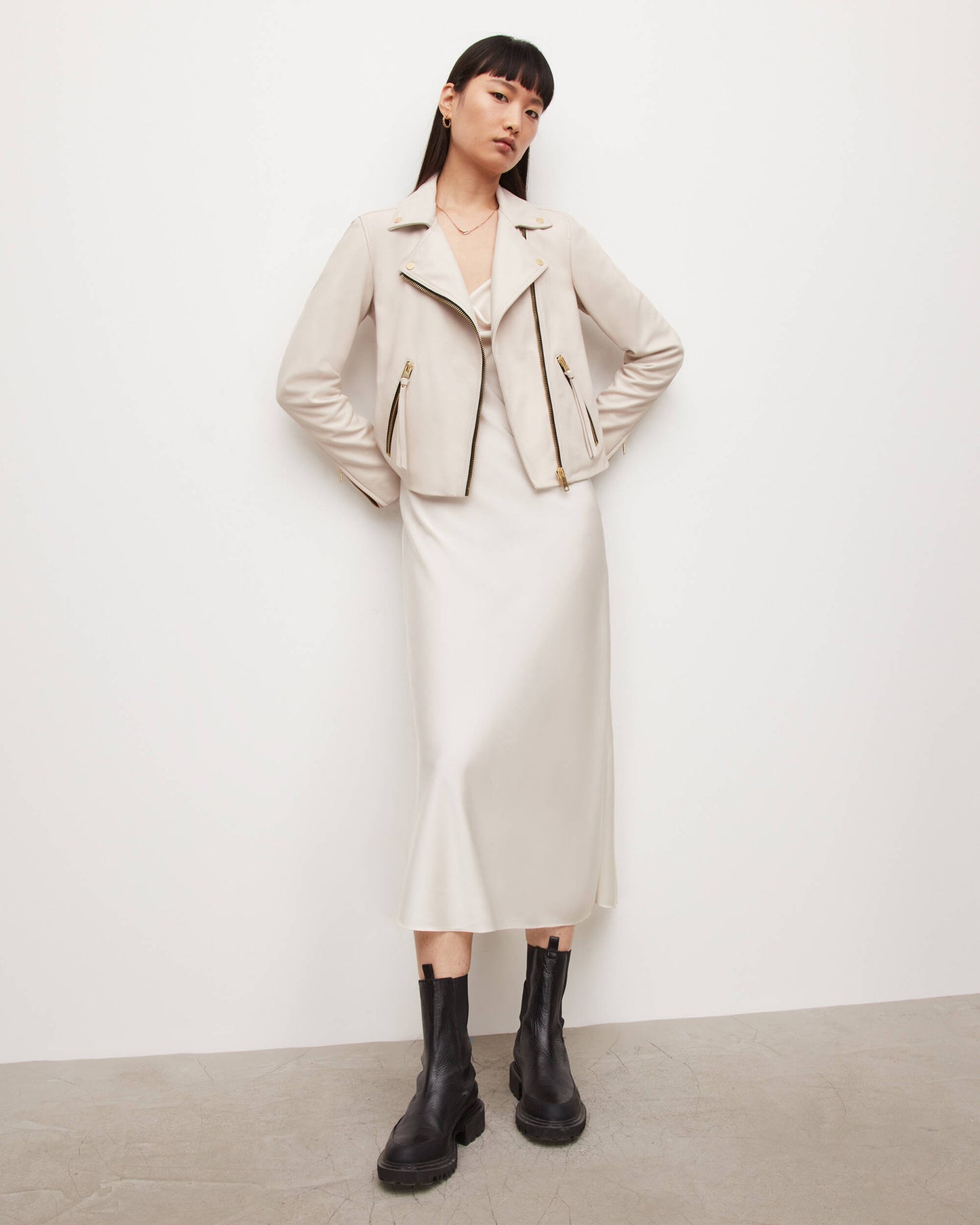 Women’s Leather Biker Jacket in Beige