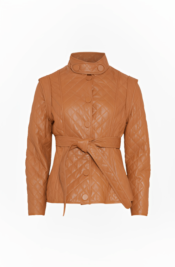 Women's Quilted Leather Jacket in Camel Brown