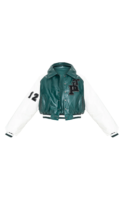 Women's Sea Green Varsity Bomber Leather Jacket with White Sleeves - Stylish and Fresh