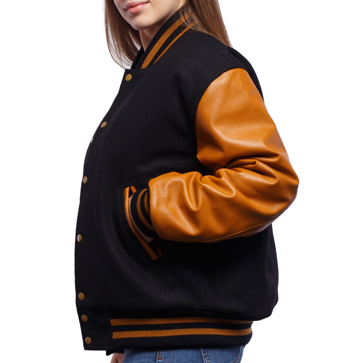 Women's Black & Brown Sleeves Bomber Varsity Leather Jacket