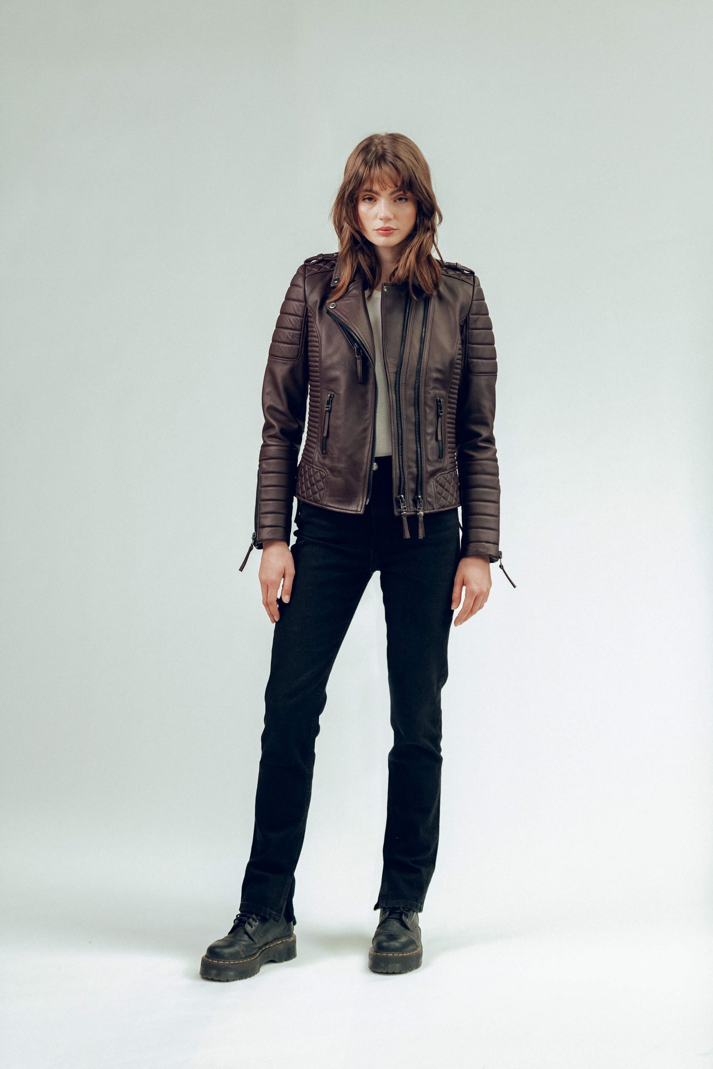 Women's Dark Brown Cafe Racer Leather Biker Jacket