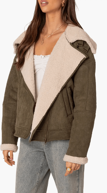 Women's Khaki Suede Shearling Leather Jacket