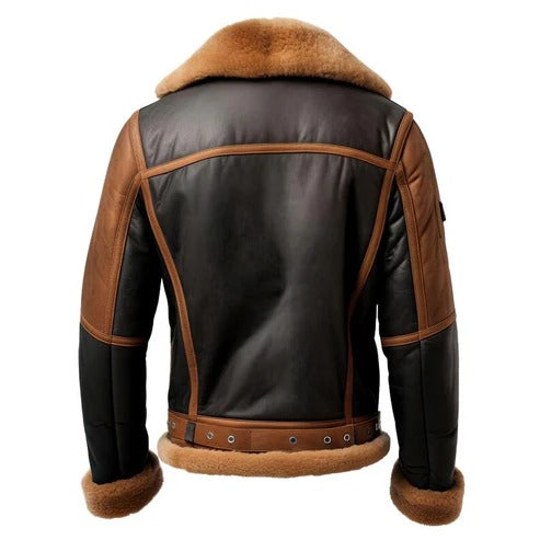 Men’s Black Sheepskin Leather Bomber Jacket with Brown Lining