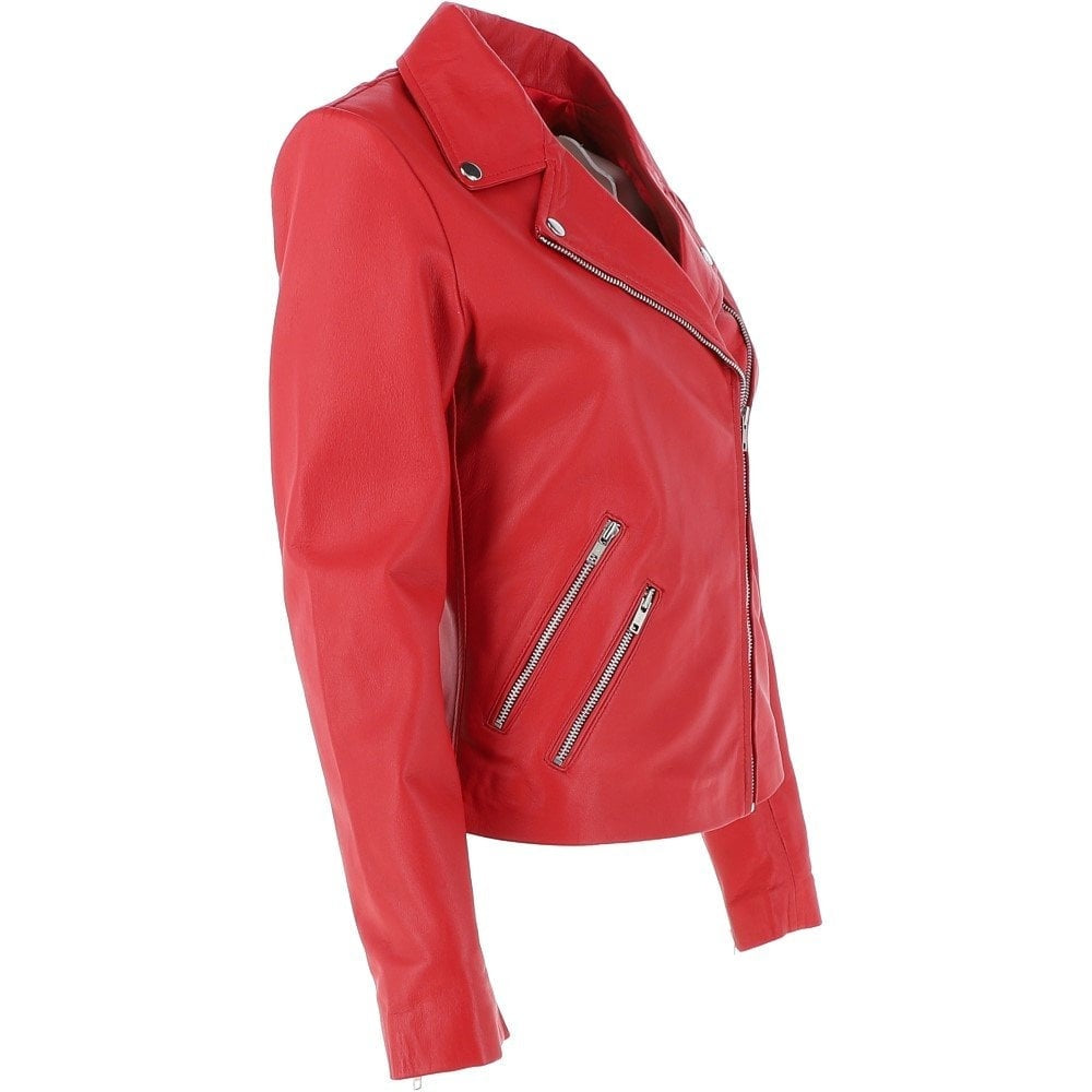 Women's Red Leather Biker Jacket Stylish & Slim Fit