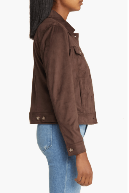 Women's Coffee Brown Suede Leather Trucker Jacket
