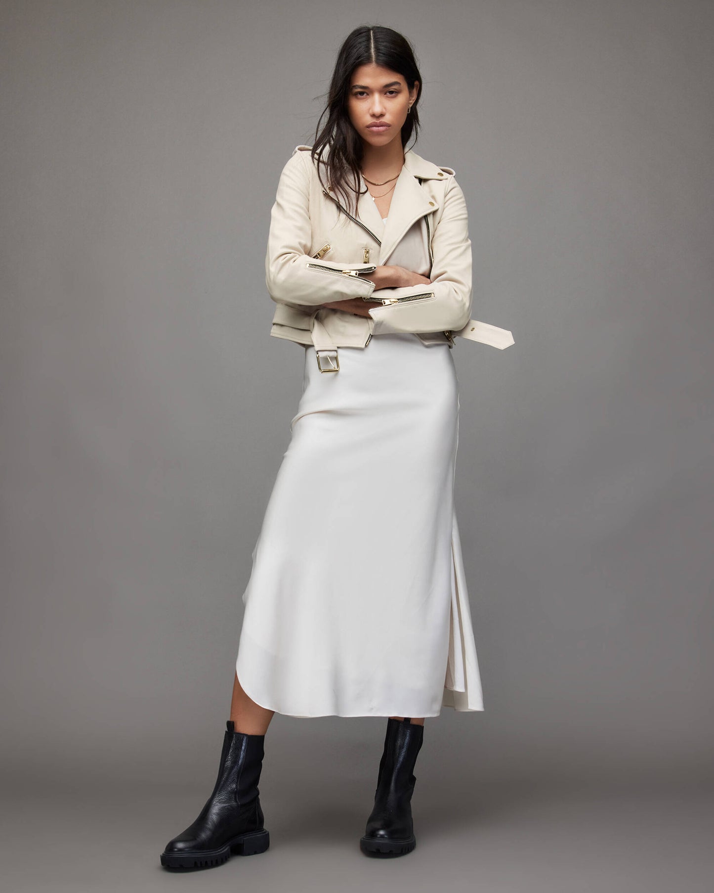 Women's Beige Leather Biker Jacket with Belt