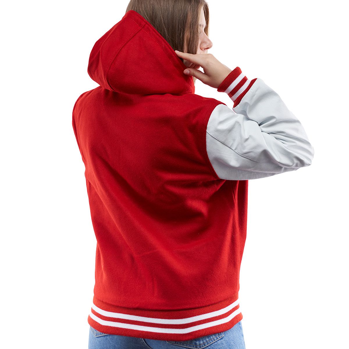 Women's Red & White Sleeves Hooded Varsity Leather Jacket