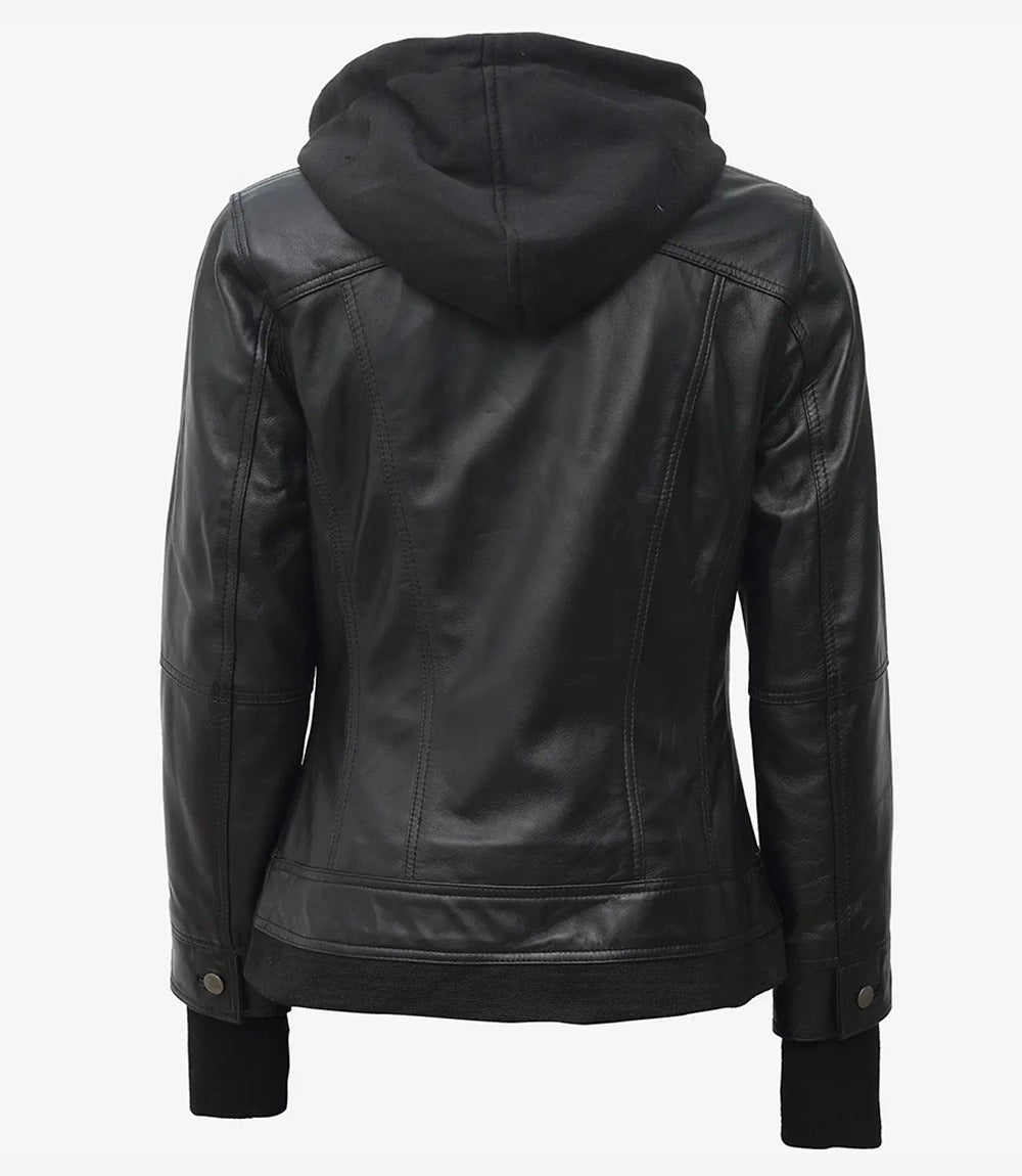 Women’s Black Leather Bomber Jacket with Removable Hood – Avanzar Leather
