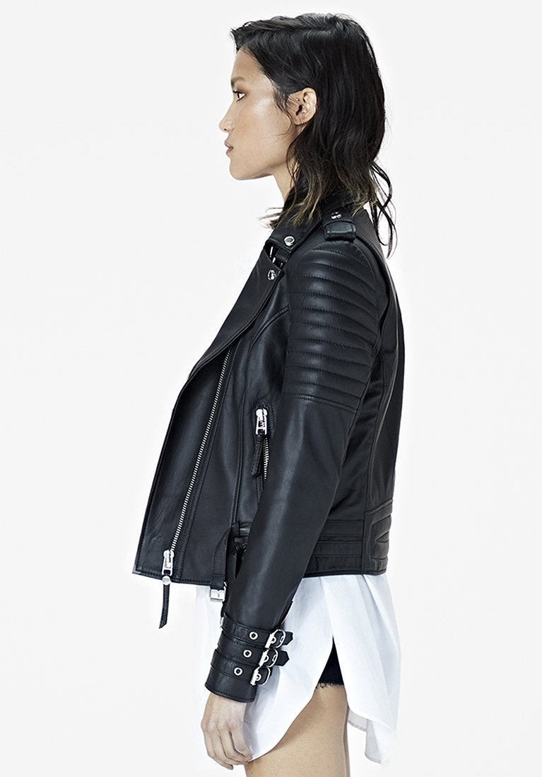 Women's Black Moto Cafe Racer Leather Jacket