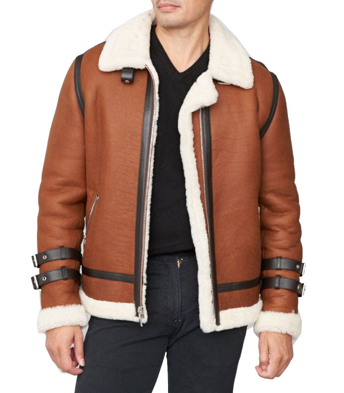Shearling Sheepskin Moto Jacket Brown