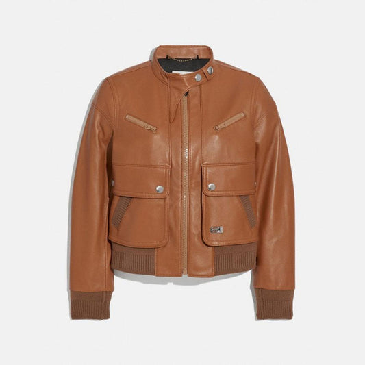 Women’s Brown Lambskin Bomber Biker Leather Jacket