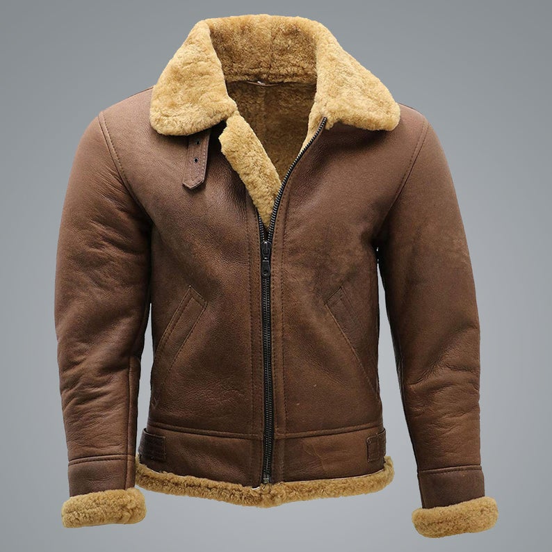 Men’s Brown B3 Shearling Sheepskin WW2 Bomber Leather Aviator Jacket