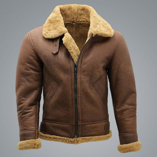 Men’s Brown B3 Shearling Sheepskin WW2 Bomber Leather Aviator Jacket