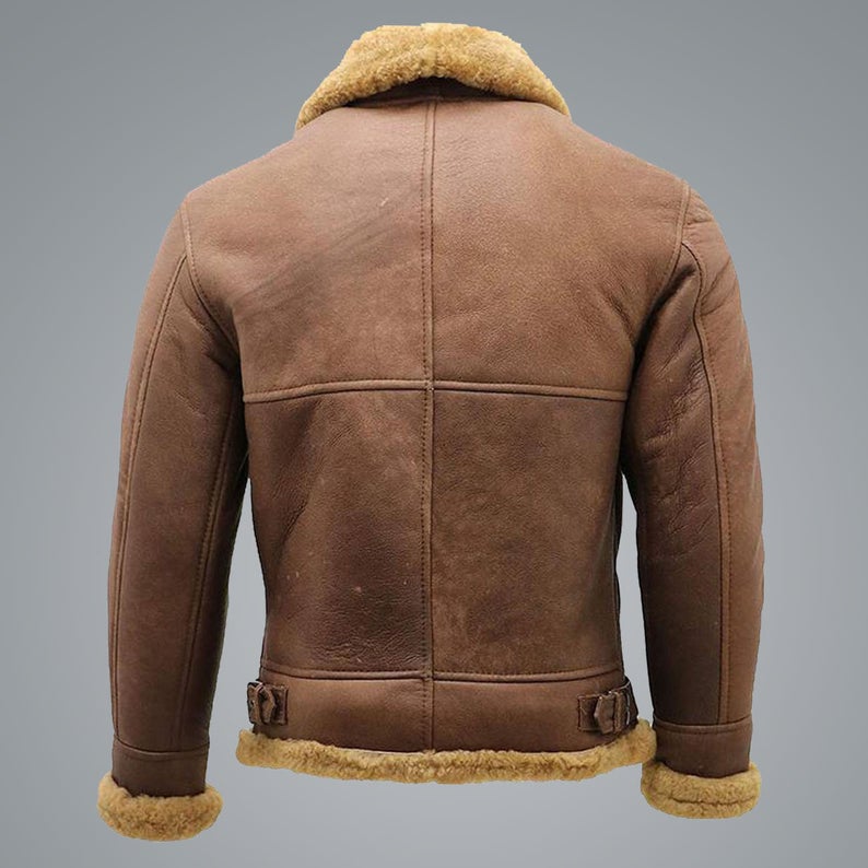 Men’s Brown B3 Shearling Sheepskin WW2 Bomber Leather Aviator Jacket