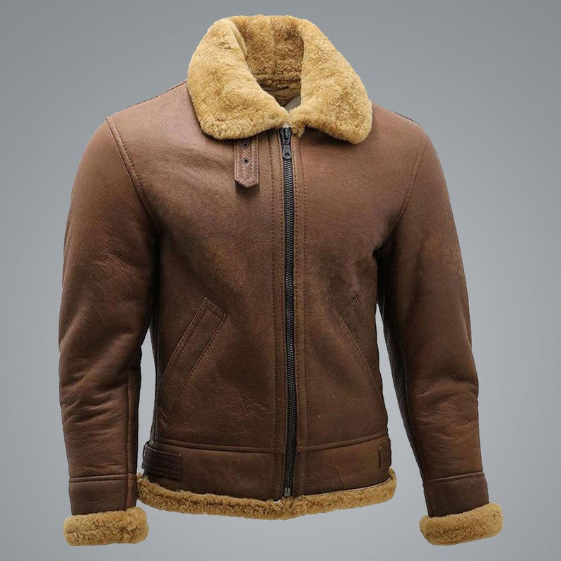 Men’s Brown B3 Shearling Sheepskin WW2 Bomber Leather Aviator Jacket