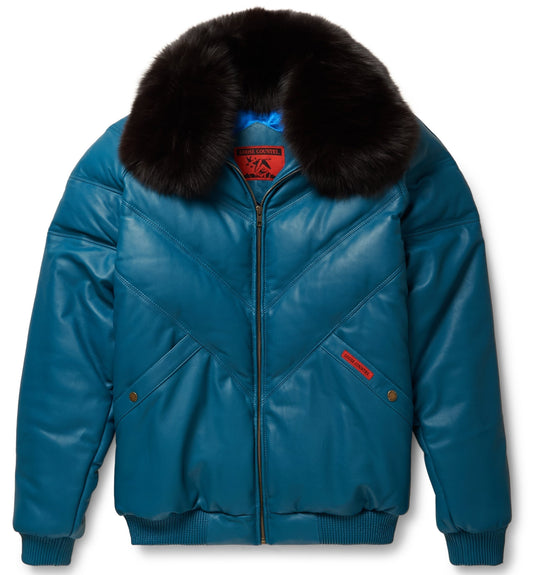 Premium Avanzar Teal Leather V-Bomber Jacket