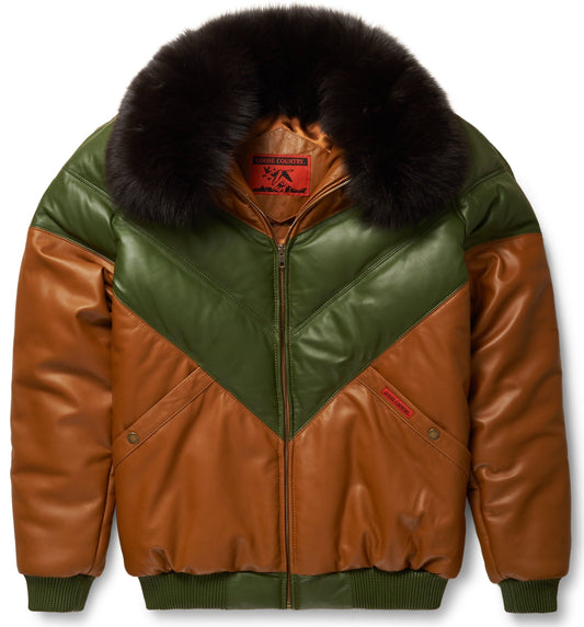 Premium Avanzar Brown & Green Leather V-Bomber Jacket