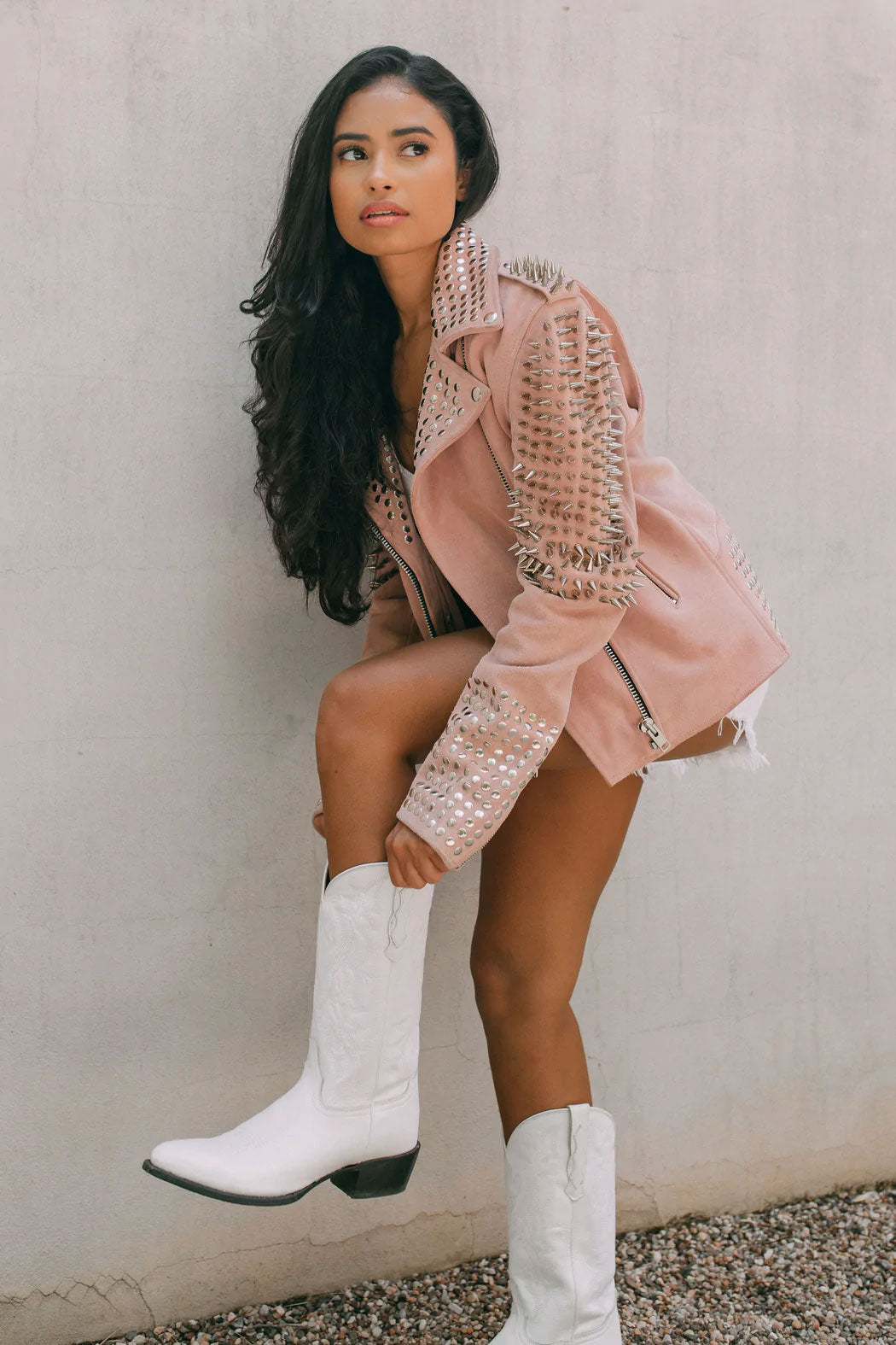 Pink Women’s Silver Spiked Studded Motorcycle Leather Jacket