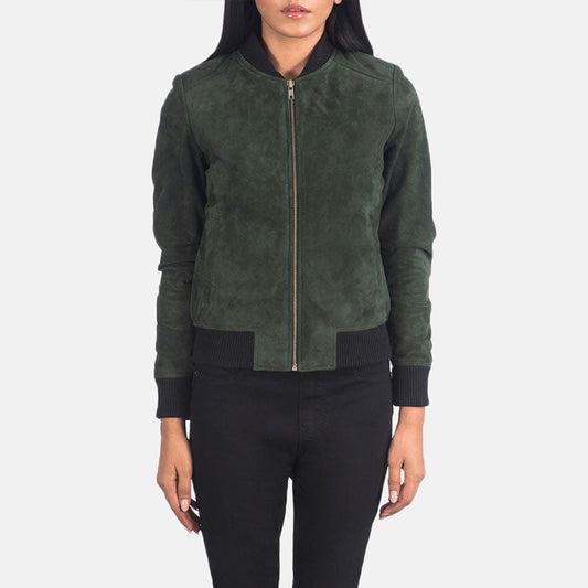 Bliss Green Suede Leather Bomber Jacket