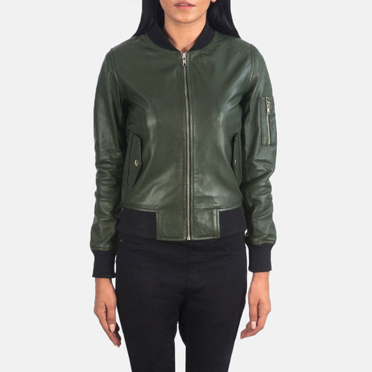 Ava MA-1 Green Leather Bomber Jacket