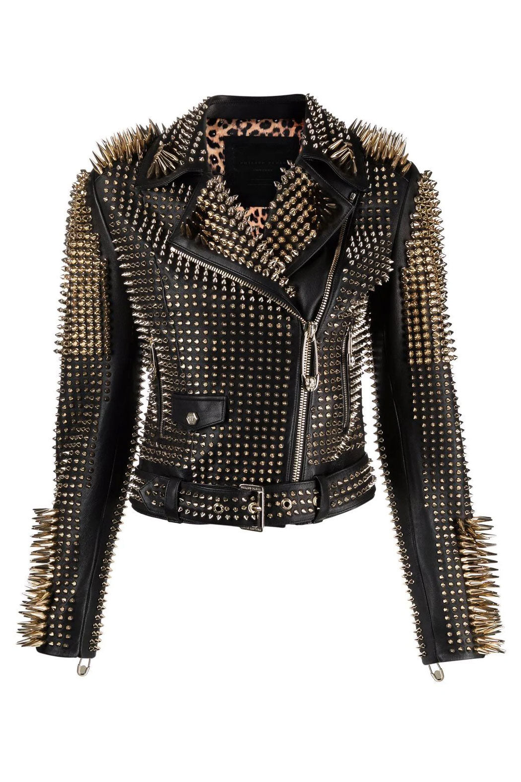 Women’s Black Punk Silver Long Spiked Studded Leather Jacket