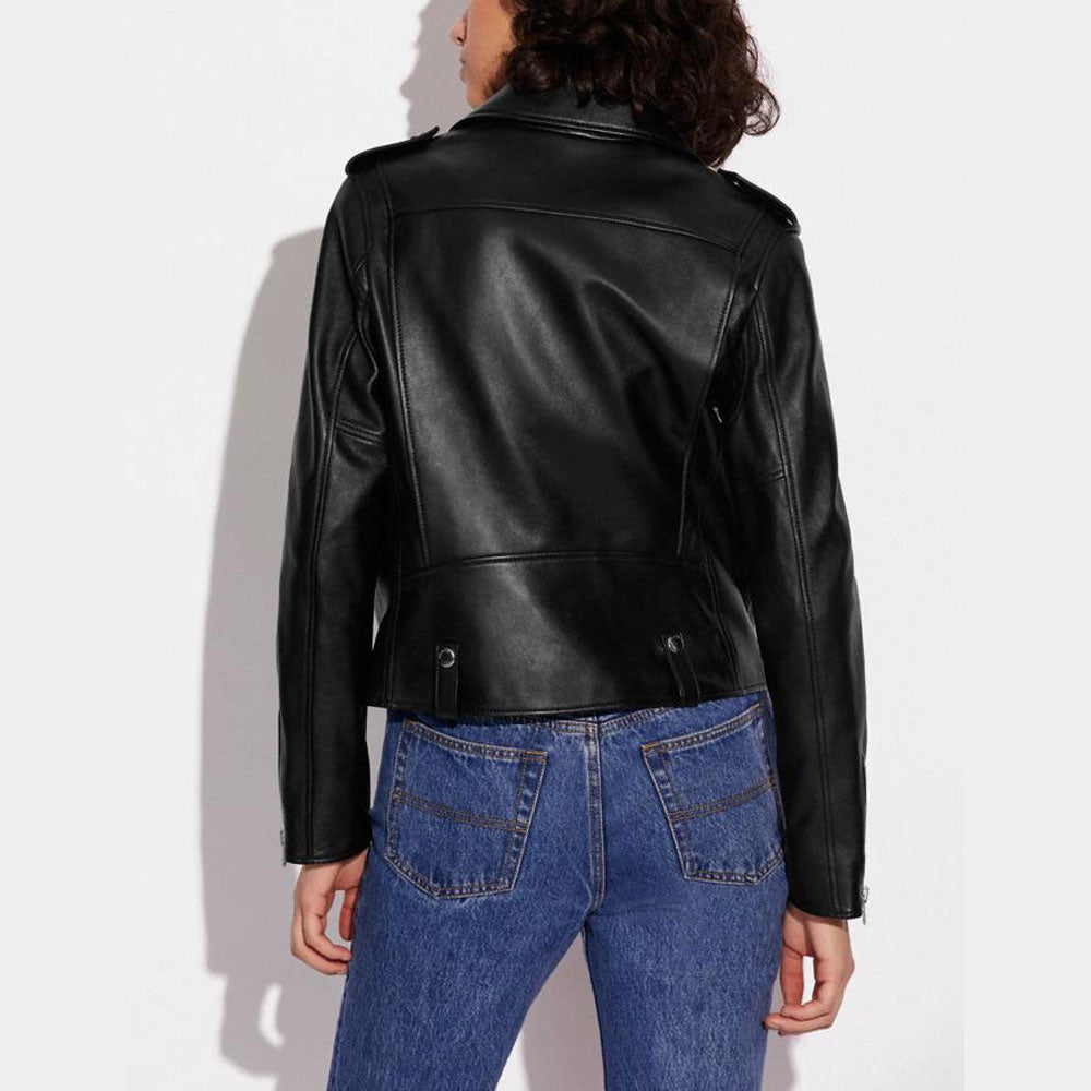 Women's Black Biker Sheepskin Leather Jacket