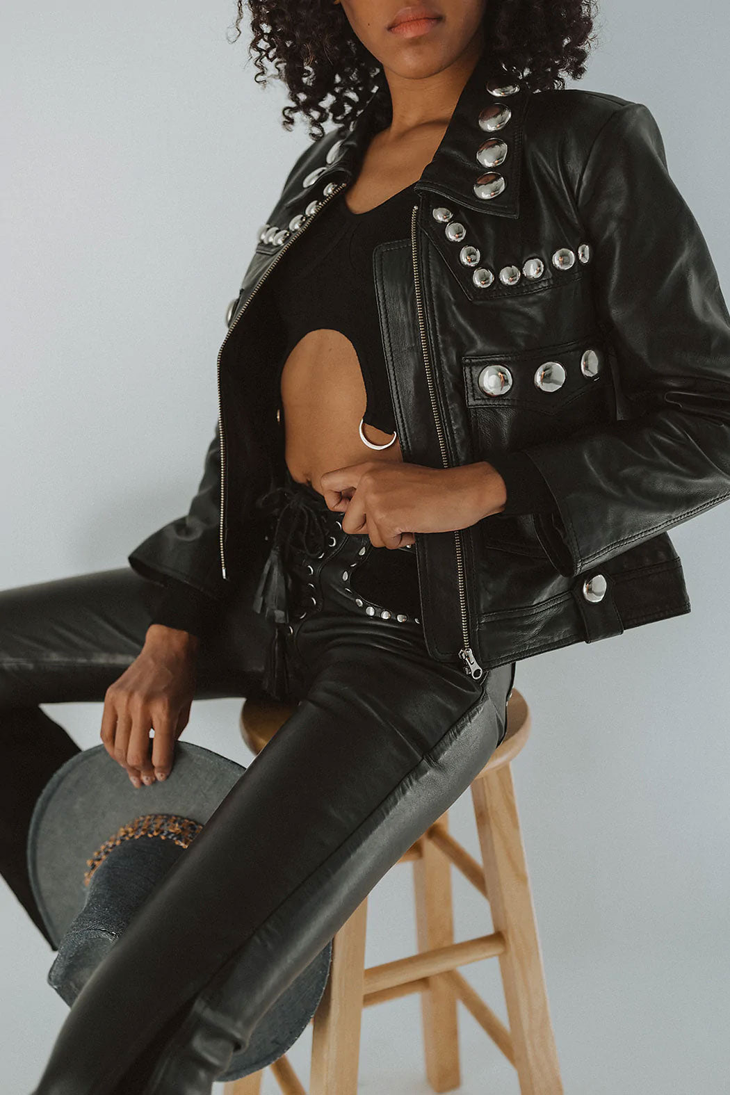 Black Women’s Punk Silver Spiked Studded Biker Leather Jacket