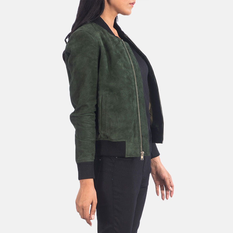 Bliss Green Suede Leather Bomber Jacket