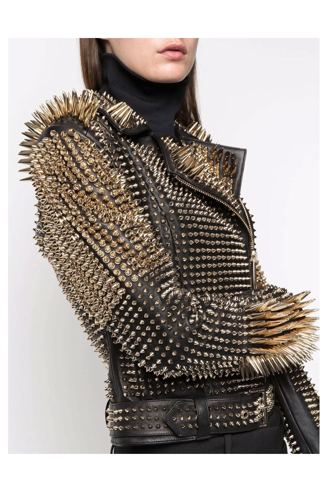 Women’s Black Punk Silver Long Spiked Studded Leather Jacket
