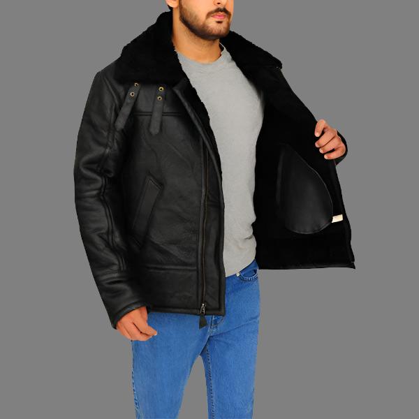 B3 Aviator Bomber Sheepskin Black Leather Jacket