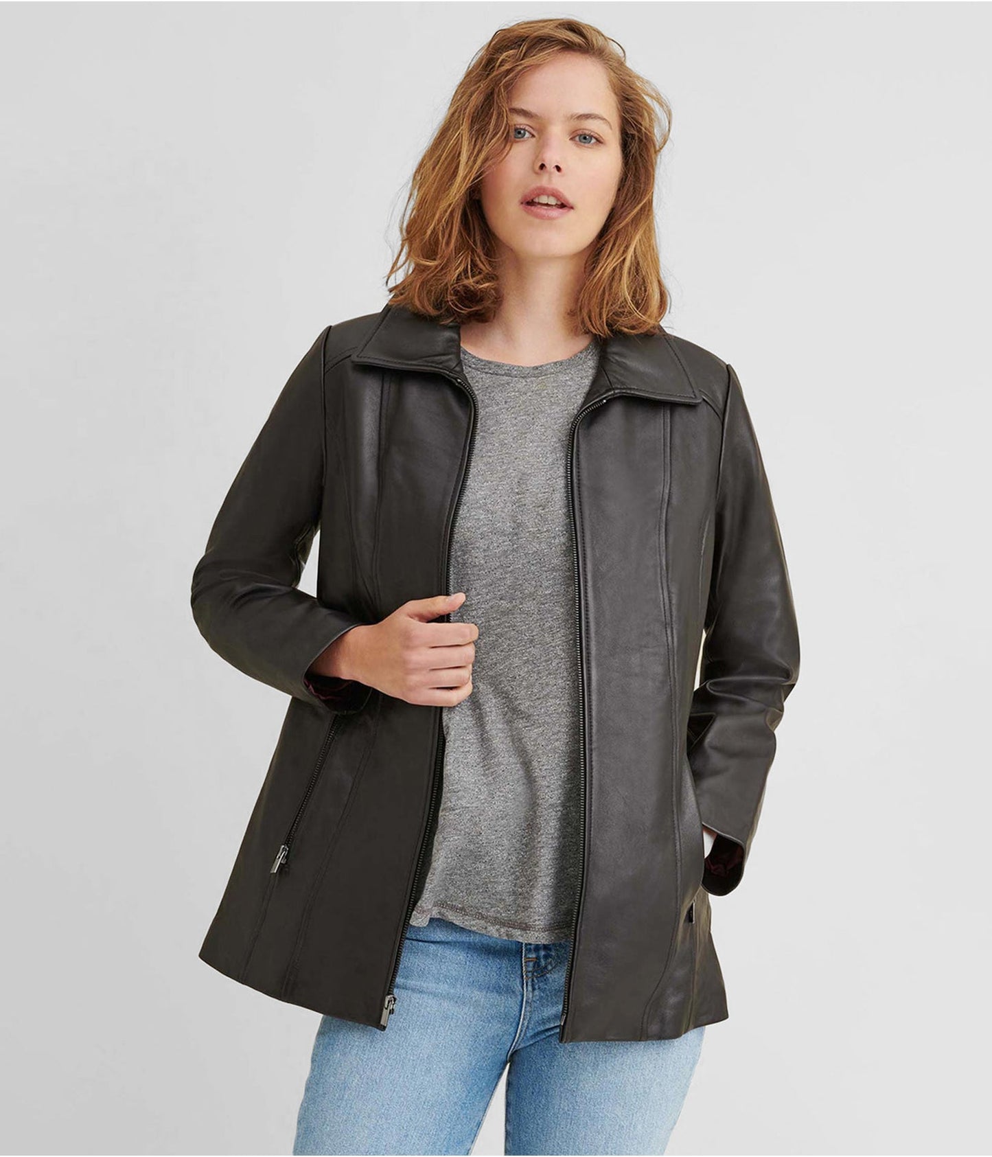 Women's Black Leather Scuba Jacket with Zip Front