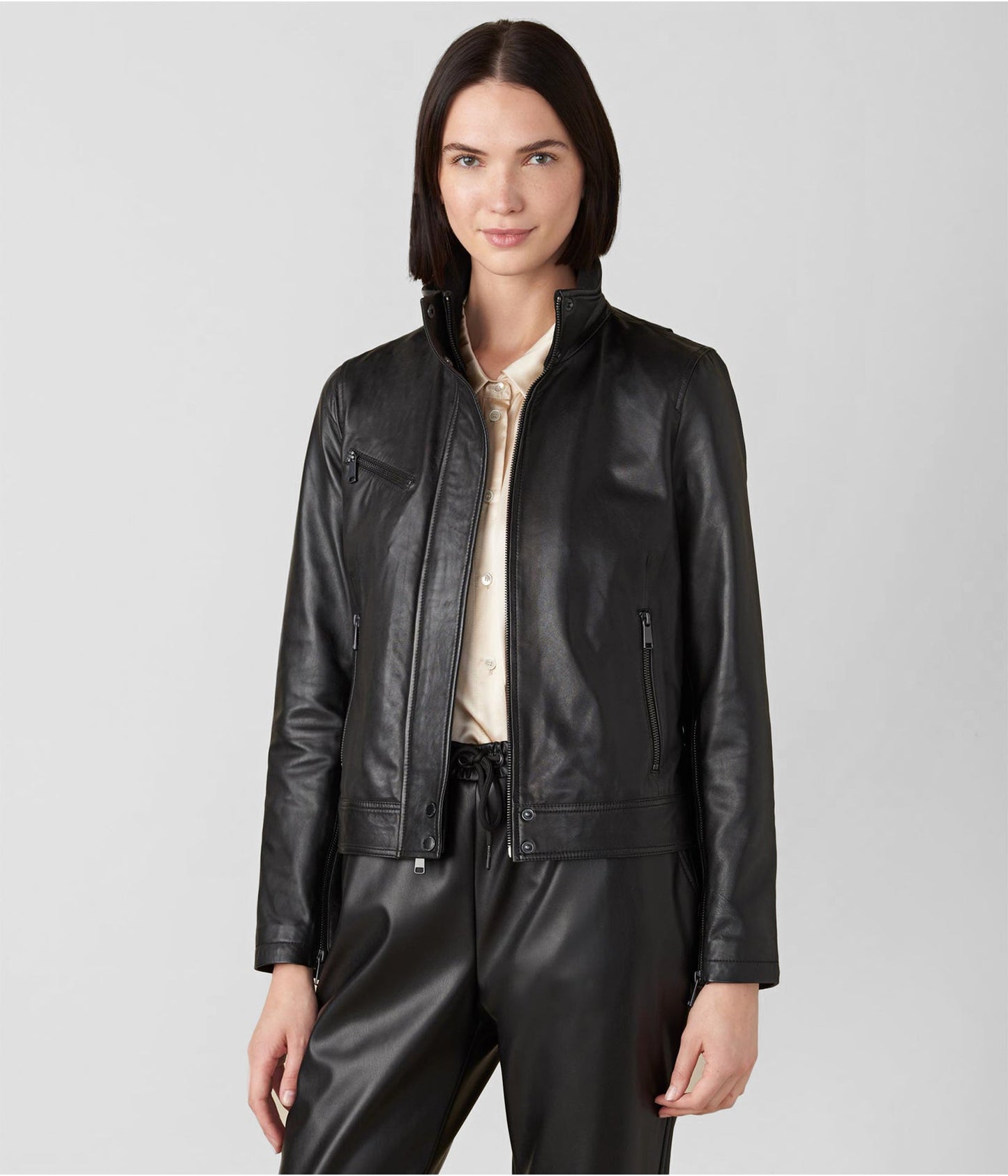Women's Black Leather Jacket with Turtle Neck