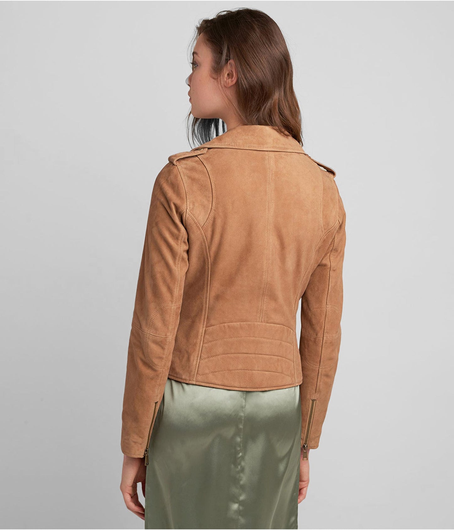 Women’s Suede Leather Moto Jacket in Tan Brown